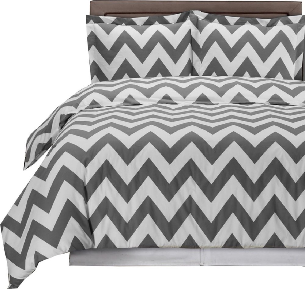 Full/Queen - Chevron- Grey with White- 3pc Duvet Cover Set 100% Cotton Fiber
