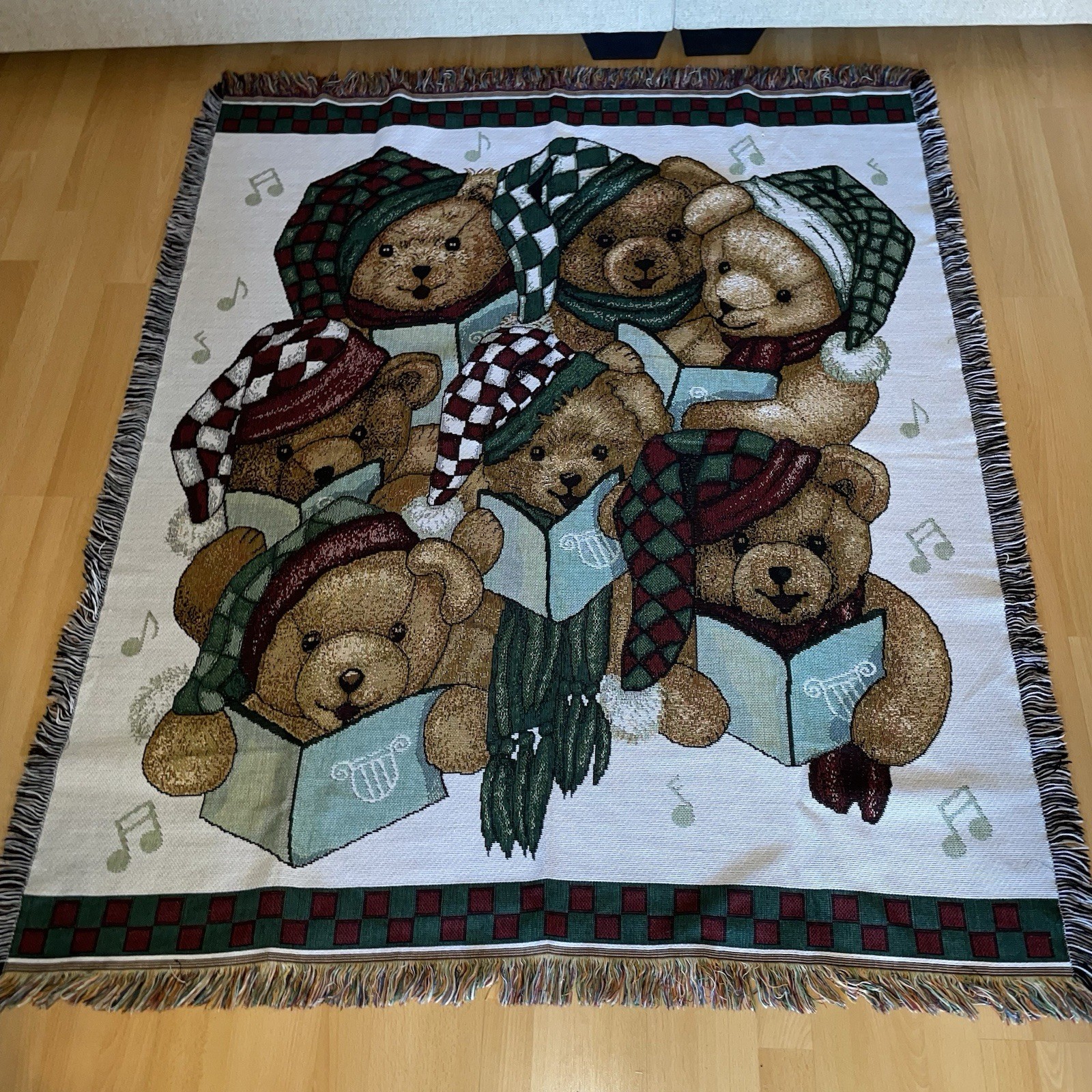90’s American Weavers Made In USA Christmas Tapestry Throw Blanket Teddy Bears gallery