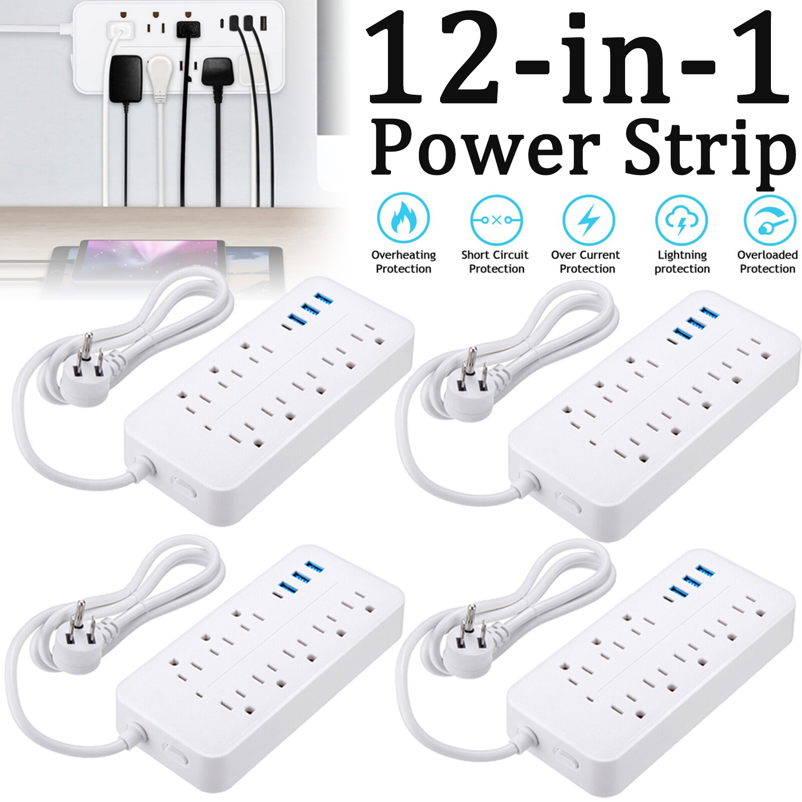 US Power Strip Surge Protector 8 AC Outlets 3 USB Ports Type C Port w/ 4FT Cable gallery