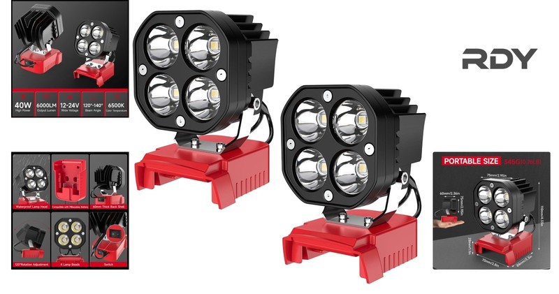 Cordless LED Work Light Set - 2 Pack, 40W Output, Compatible with 18V Batteries gallery