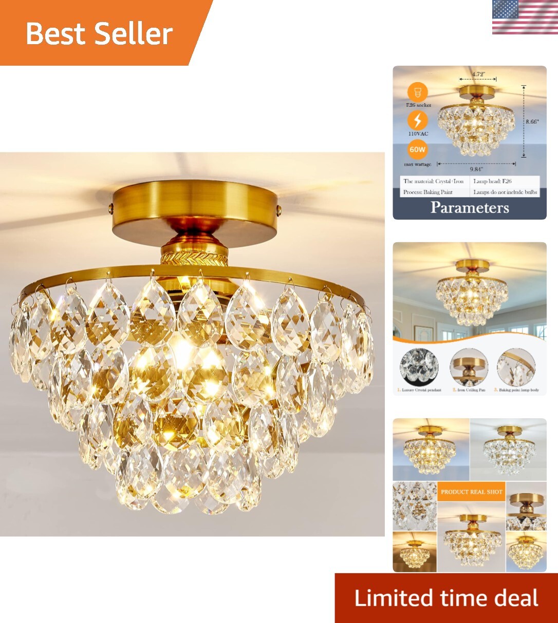 Compact Gold Crystal Chandelier - Beautiful Uplight Fixture for Indoor Use gallery