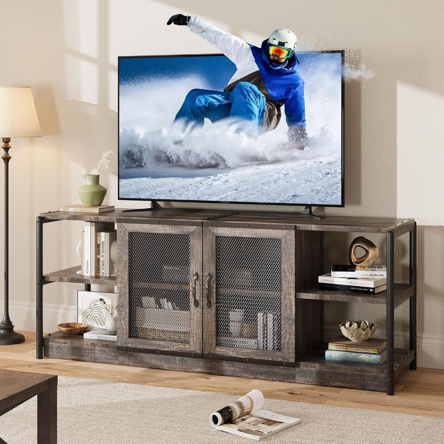 Rustic Grey TV Stand for 65/75 Inch TVs with Storage & Cable Management gallery