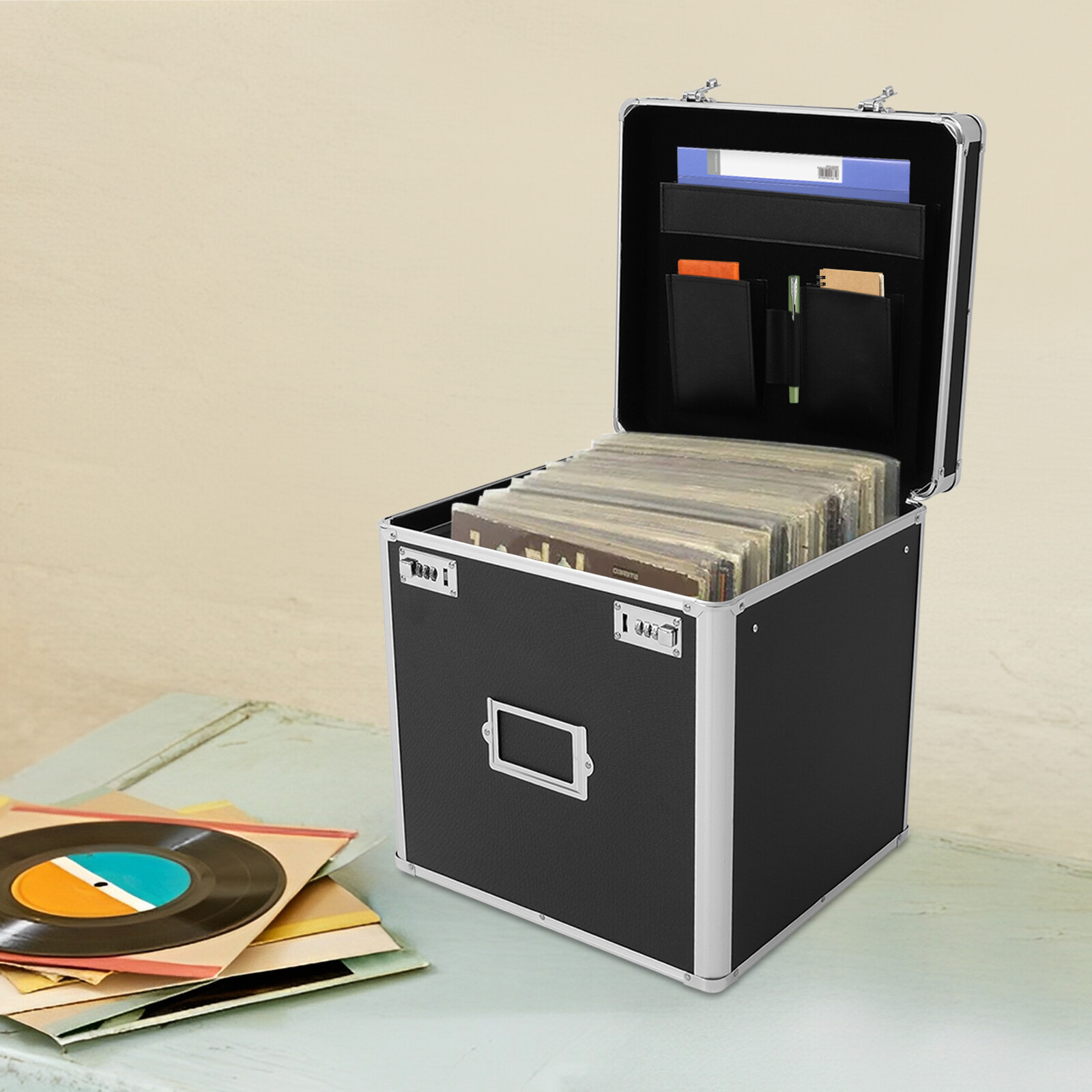Vinyl Record Storage Case Aluminium Waterproof Holds 50 LPs, 12" Sleeves Black gallery