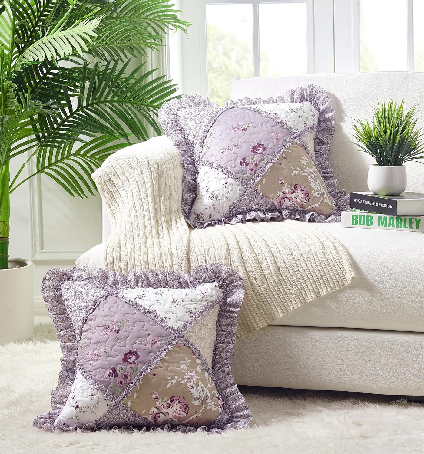 Lilac and Beige Rose Patchwork Ruffle Pillowshams, Quilted Decorative Pillow Cov gallery