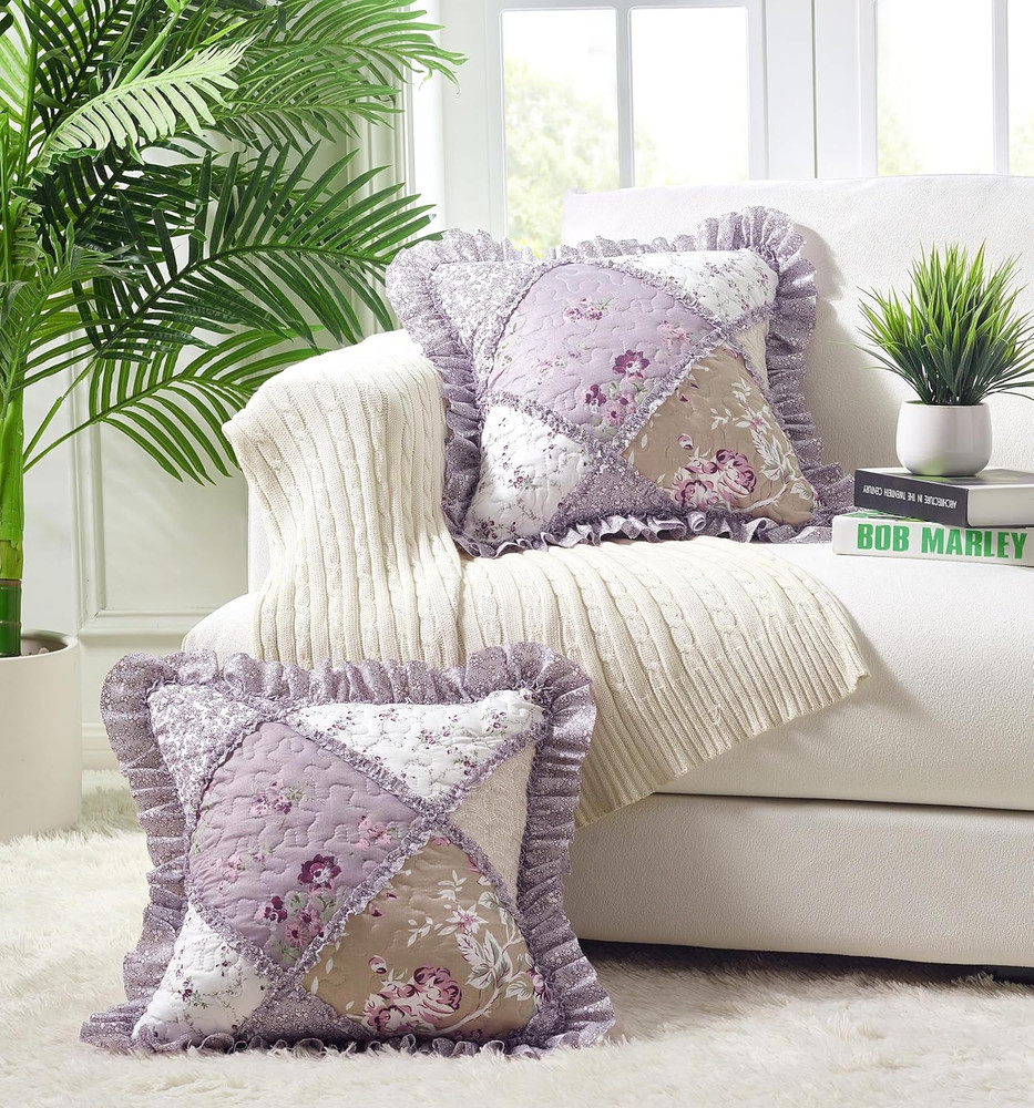 Lilac and Beige Rose Patchwork Ruffle Pillowshams, Quilted Decorative Pillow Cov
