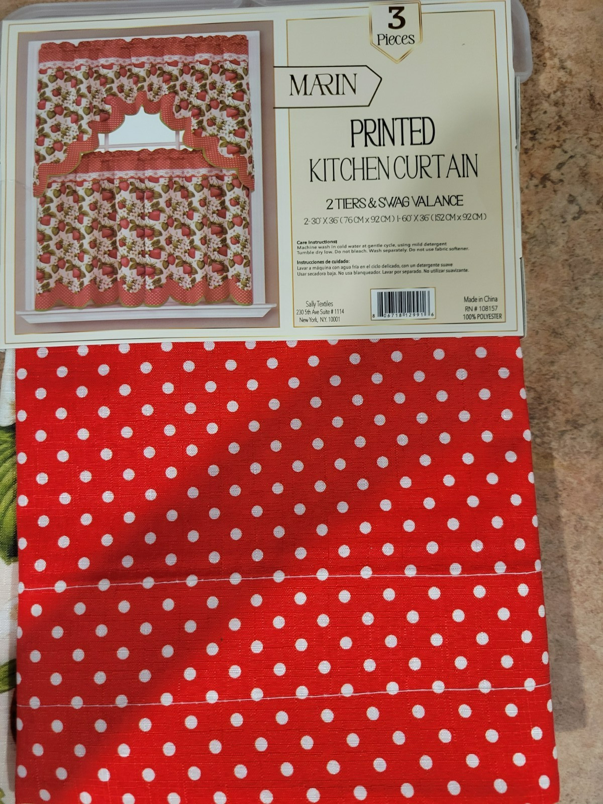3pc.Printed Curtains Set :2 Tiers & Swag Valance Marin Strawberry Red/Green NEW gallery