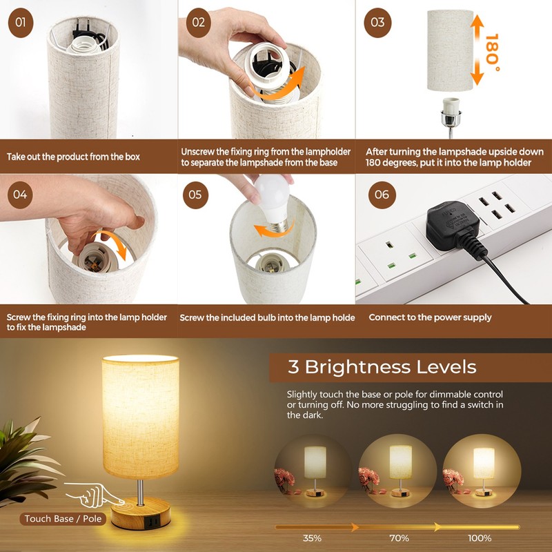 Bedside Table Lamp for Bedroom - 3 Way Dimmable Touch Lamp USB C Charging Ports gallery