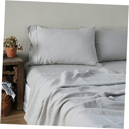 100% Linen Sheet Set with Embroidery Washed - 3 Pieces (1 Flat Twin Light Grey gallery