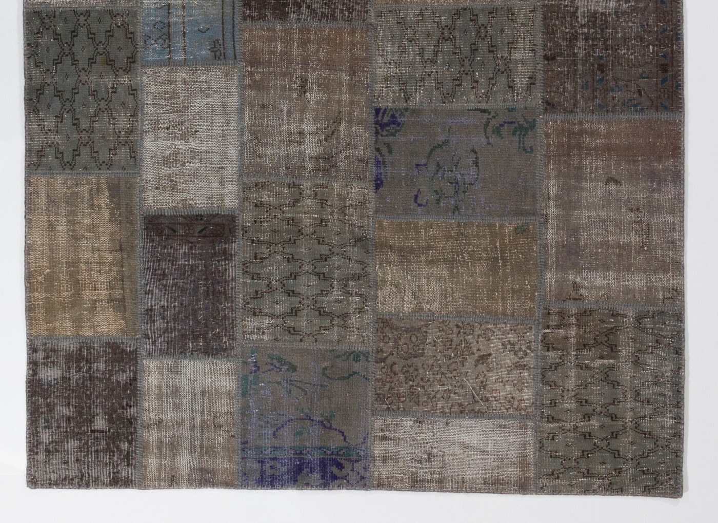 Contemporary Handmade Turkish Patchwork Rug in Shades of Gray, Brown and Blue gallery