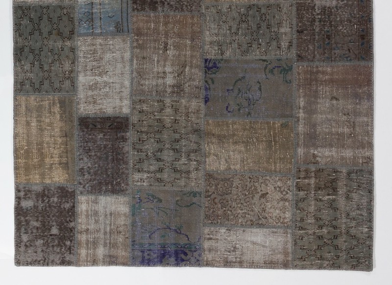Contemporary Handmade Turkish Patchwork Rug in Shades of Gray, Brown and Blue gallery