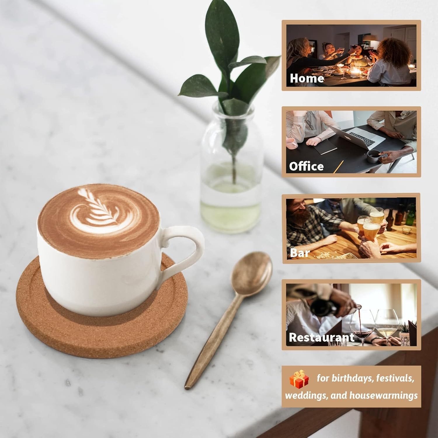Cork Coasters for Drinks Absorbent - 6 Pcs 4 Inch Cork Coasters with Lip Heat gallery
