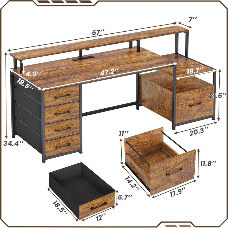 66'' Computer Desk with Led Lights&Monitor Shelf, Home Office Desk w/File Drawer gallery