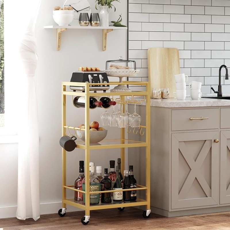 Multifunctional Bar Cart Serving Kitchen Drink Cart W/ Wine Rack & Wheels New gallery