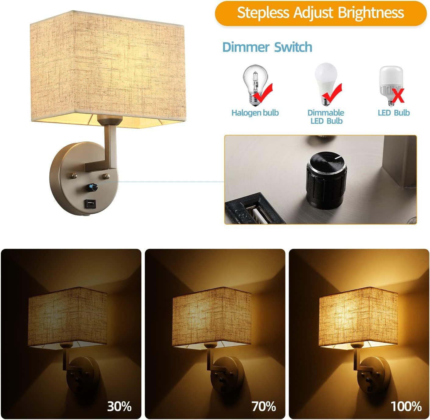 Plug in Wall Sconce with Dimmer Switch and USB Port，1-Light Silver gallery