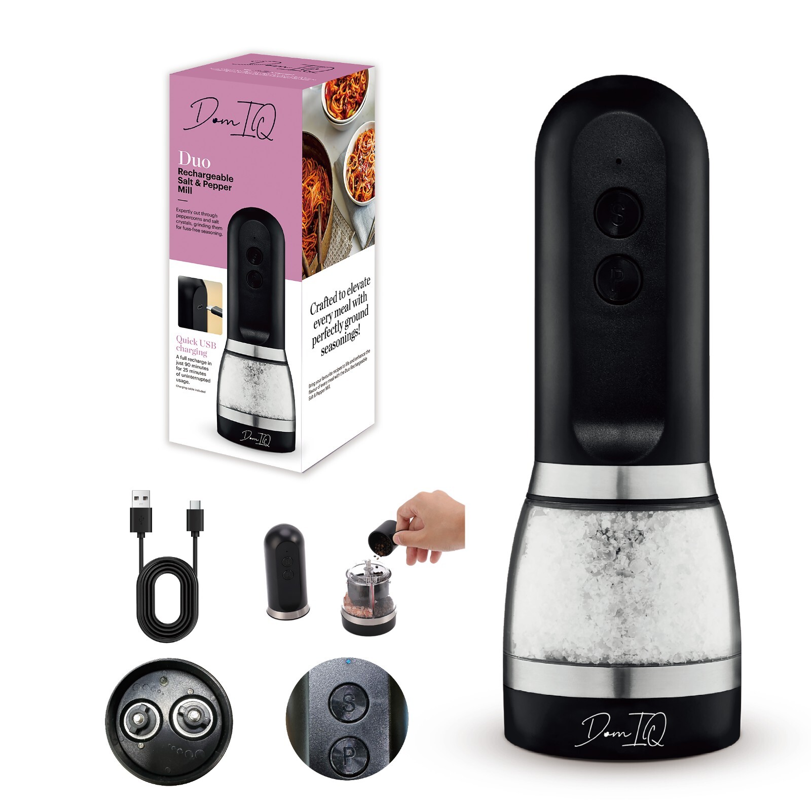 Electric Salt & Pepper Grinder Mill 2 in 1 - USB Rechargeable, LED Light, Black gallery