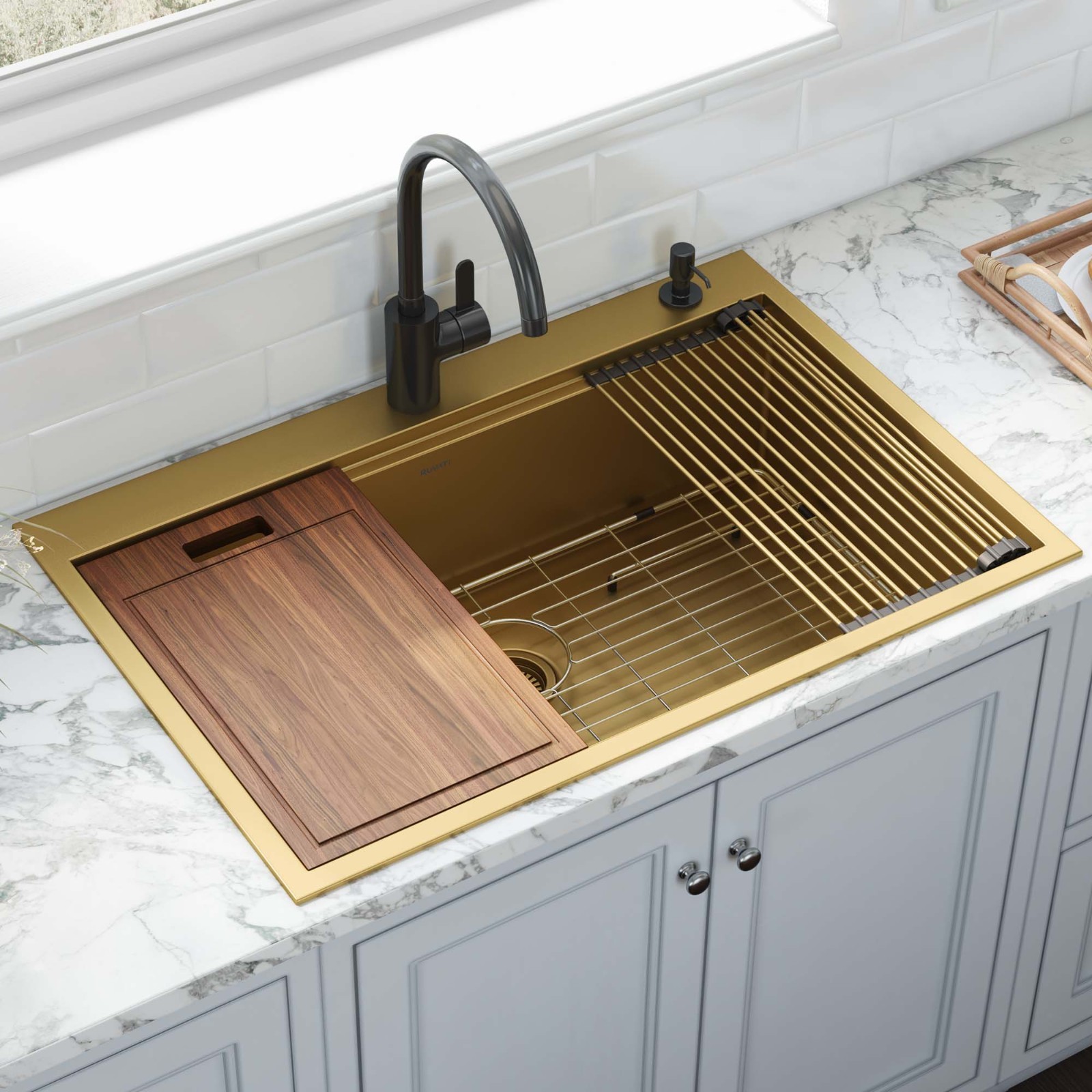 Ruvati 33" Polished Matte Gold Workstation Drop-in Topmount Sink – RVH5003GG gallery