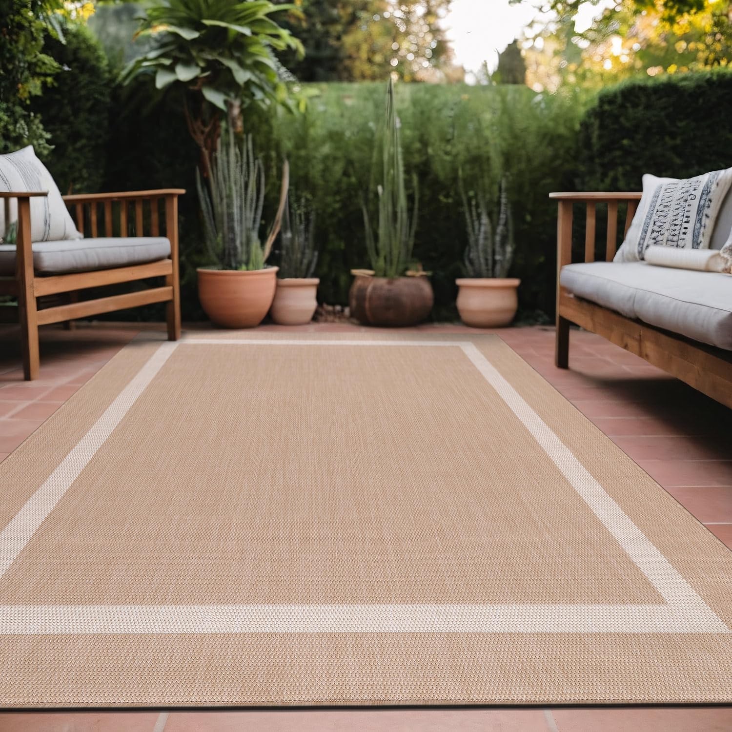 Outdoor Rug 10x14 Bordered Beige Washable Waterproof Patio Area Luul Home Carpet gallery