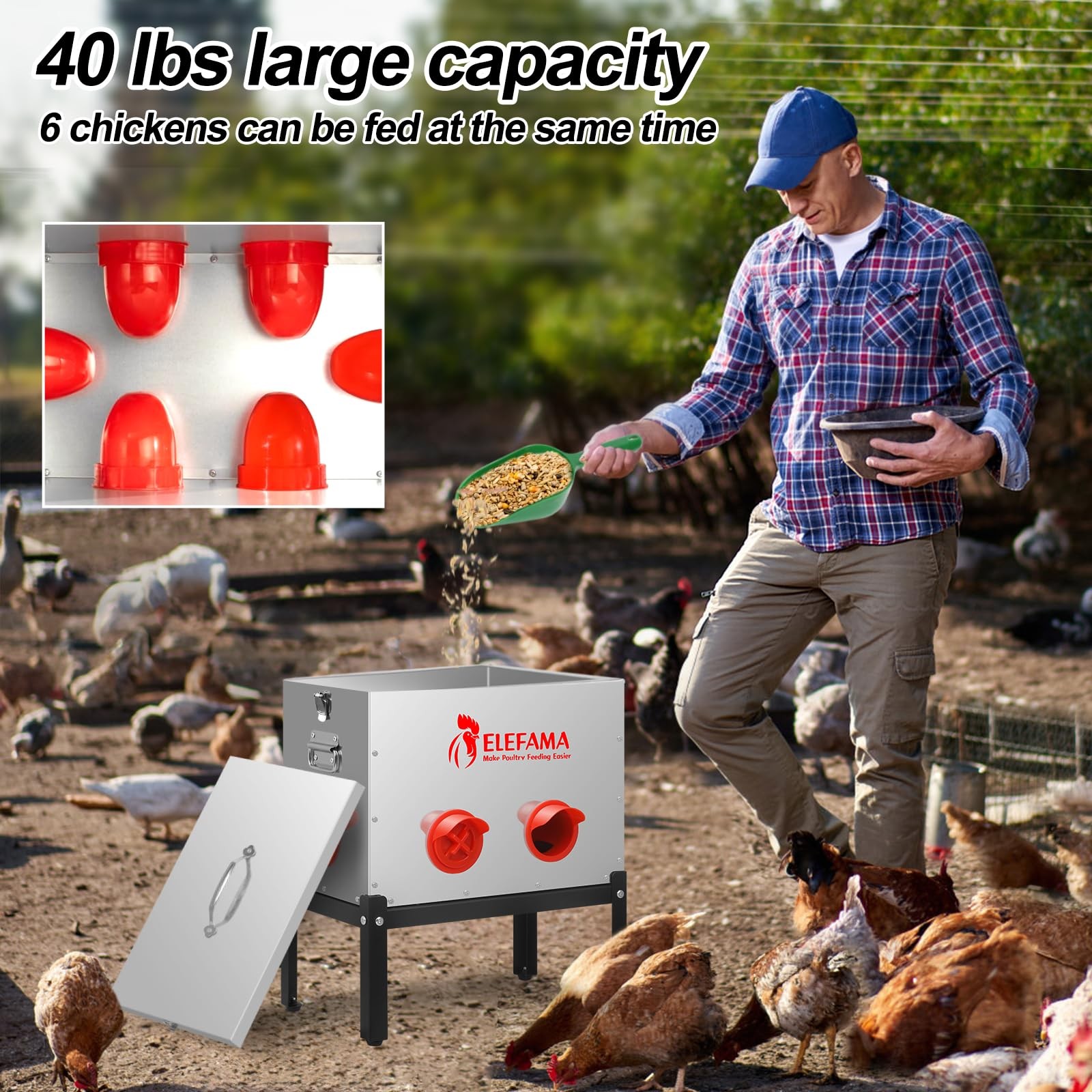 45 LB Automatic Chicken Feeder Metal Kit with Legs Locking Lid 6 45LB, Silver gallery