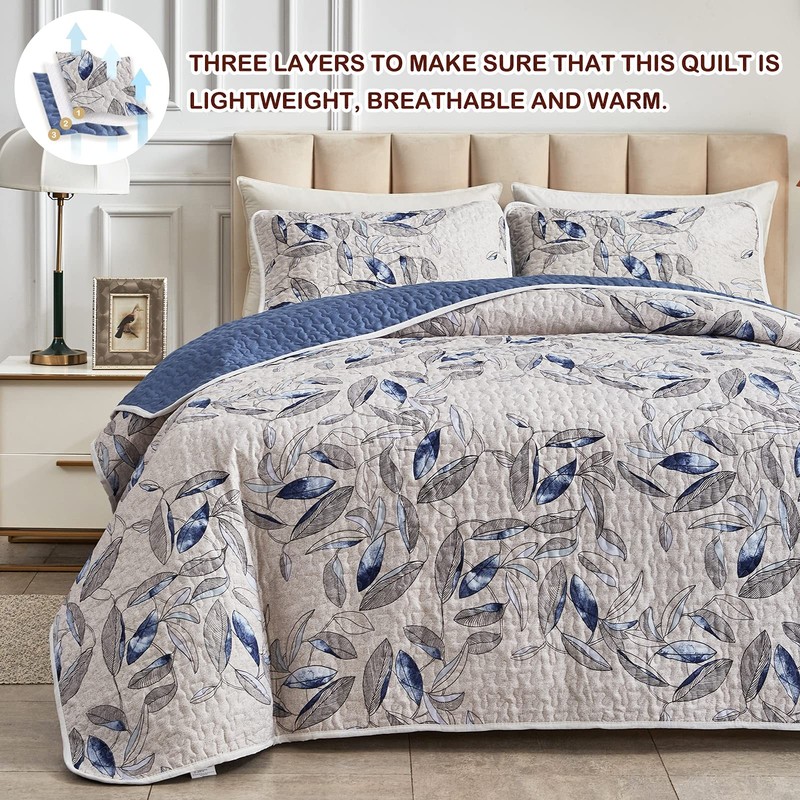 King Microfiber Quilt Set, Reversible Botanical Blue Leaves, 3-Piece Bedspread gallery