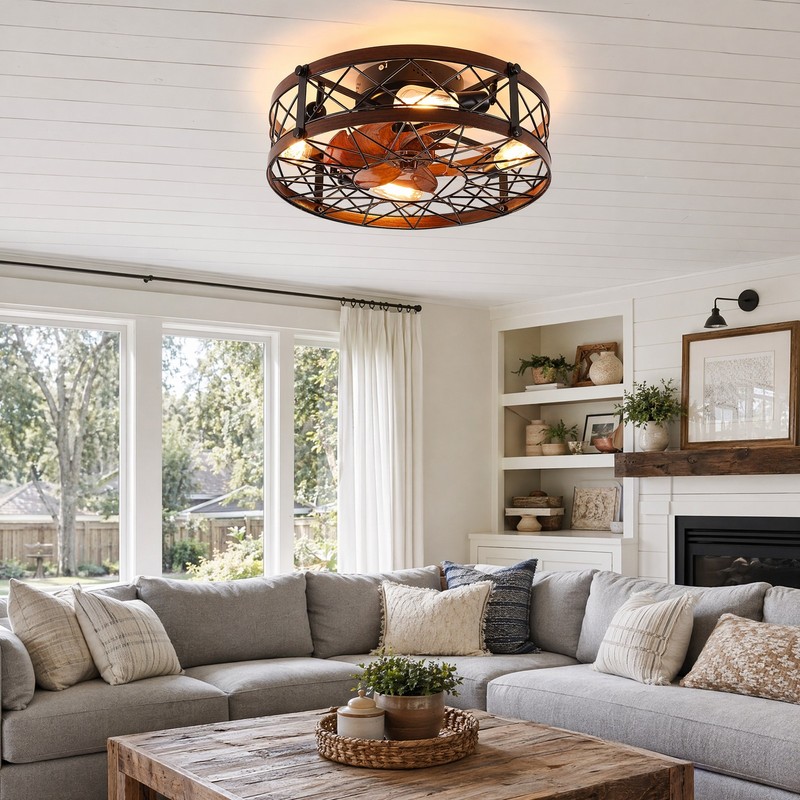 20'' Caged Ceiling Fan with LED Light Rustic Flush Mount Remote Control Black gallery