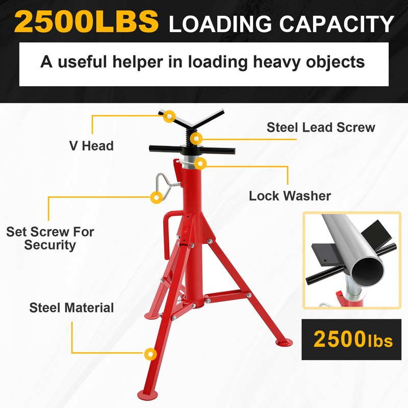 V-Head Pipe Stand Folding Tripod Jack 28"-52" Height 12" Pipe 2500LB Steel Red gallery