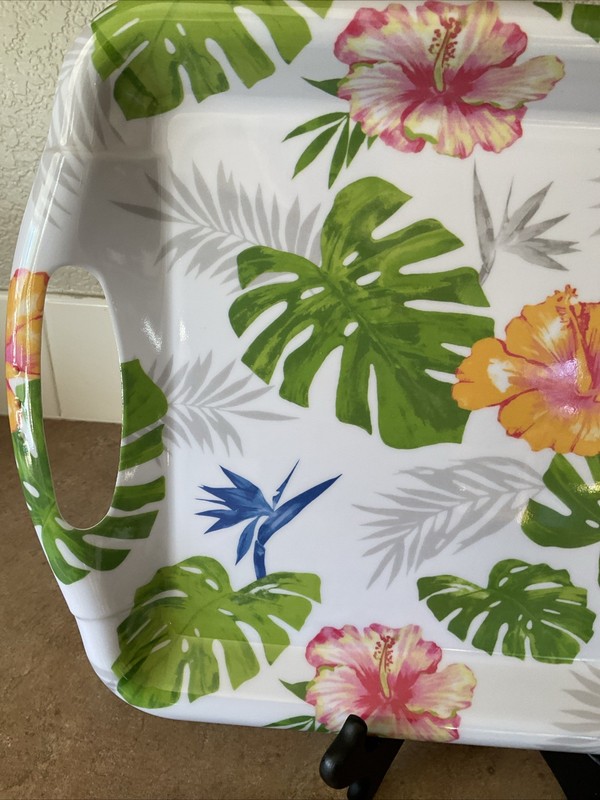 Rectangular Serving Trays w/Handles Hibiscus Palm Trees Lot 2 gallery