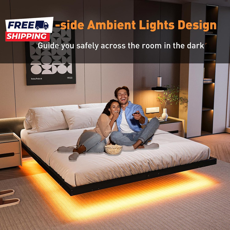 Floating Bed Frame with LED Lights and Charging Station 14 Inch King Size gallery
