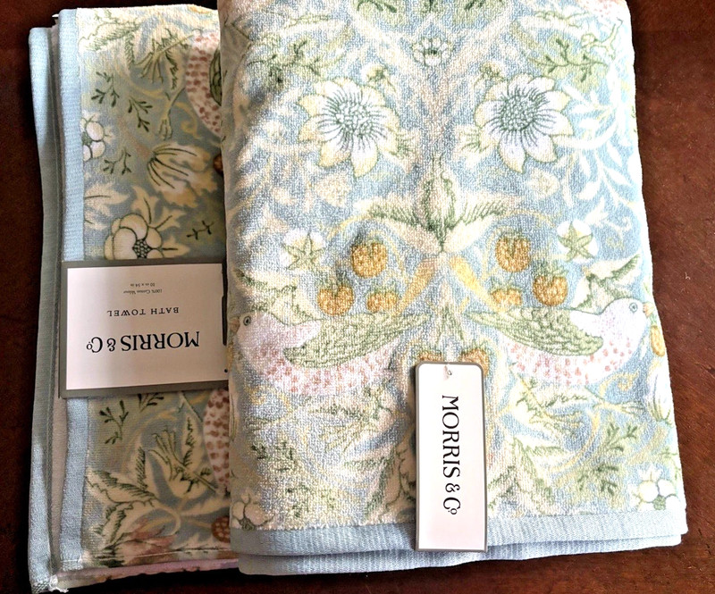 2 Pc William Morris Strawberry Thief Bird Velour Green Multi Bath Towels Set gallery
