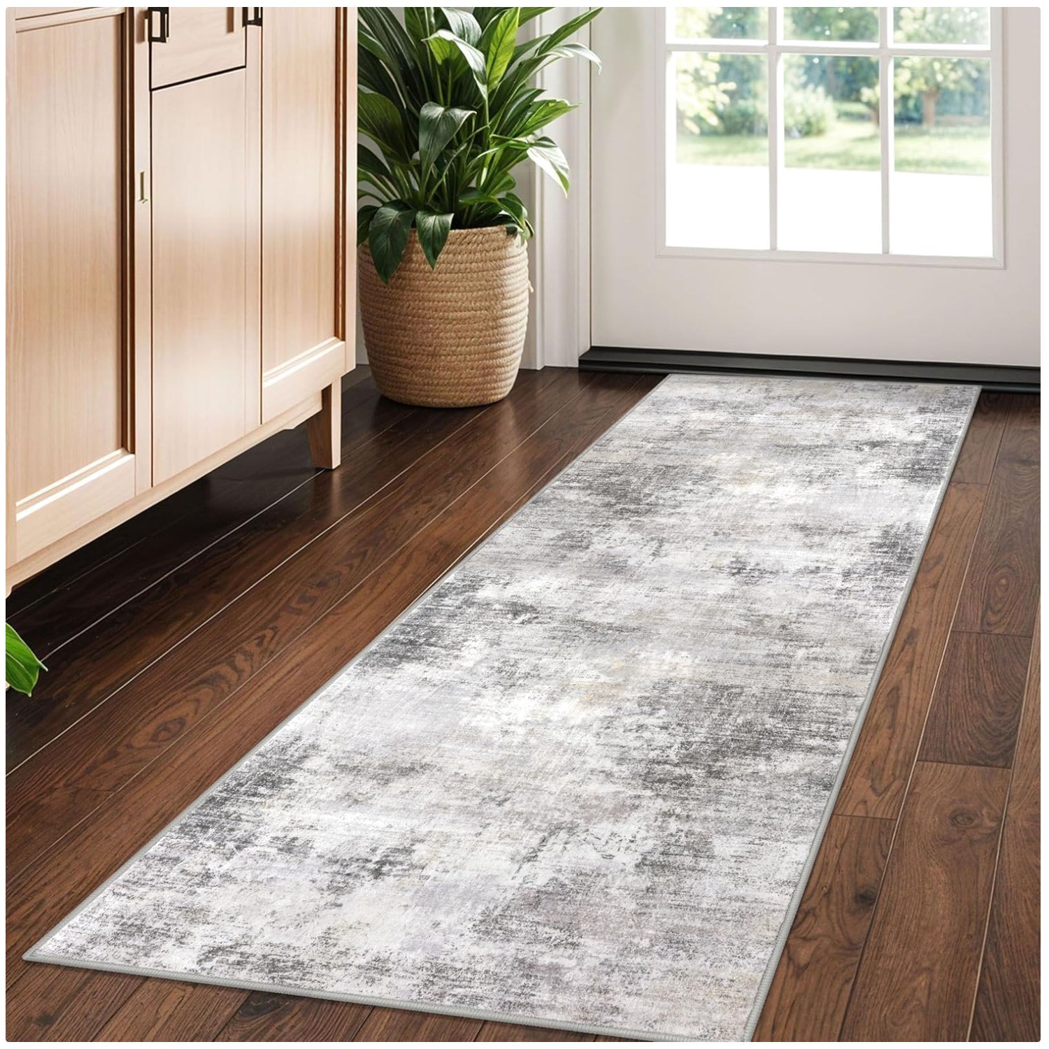 Modern Abstract Runner Rug 2x5 Ft Grey/Beige gallery