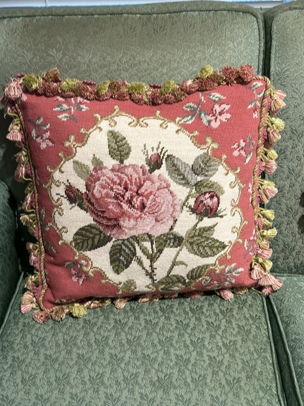 WOOL Needlepoint PETIT POINT w/Tassel Trim AUBUSSON Throw Pillow Roses 18x18 gallery