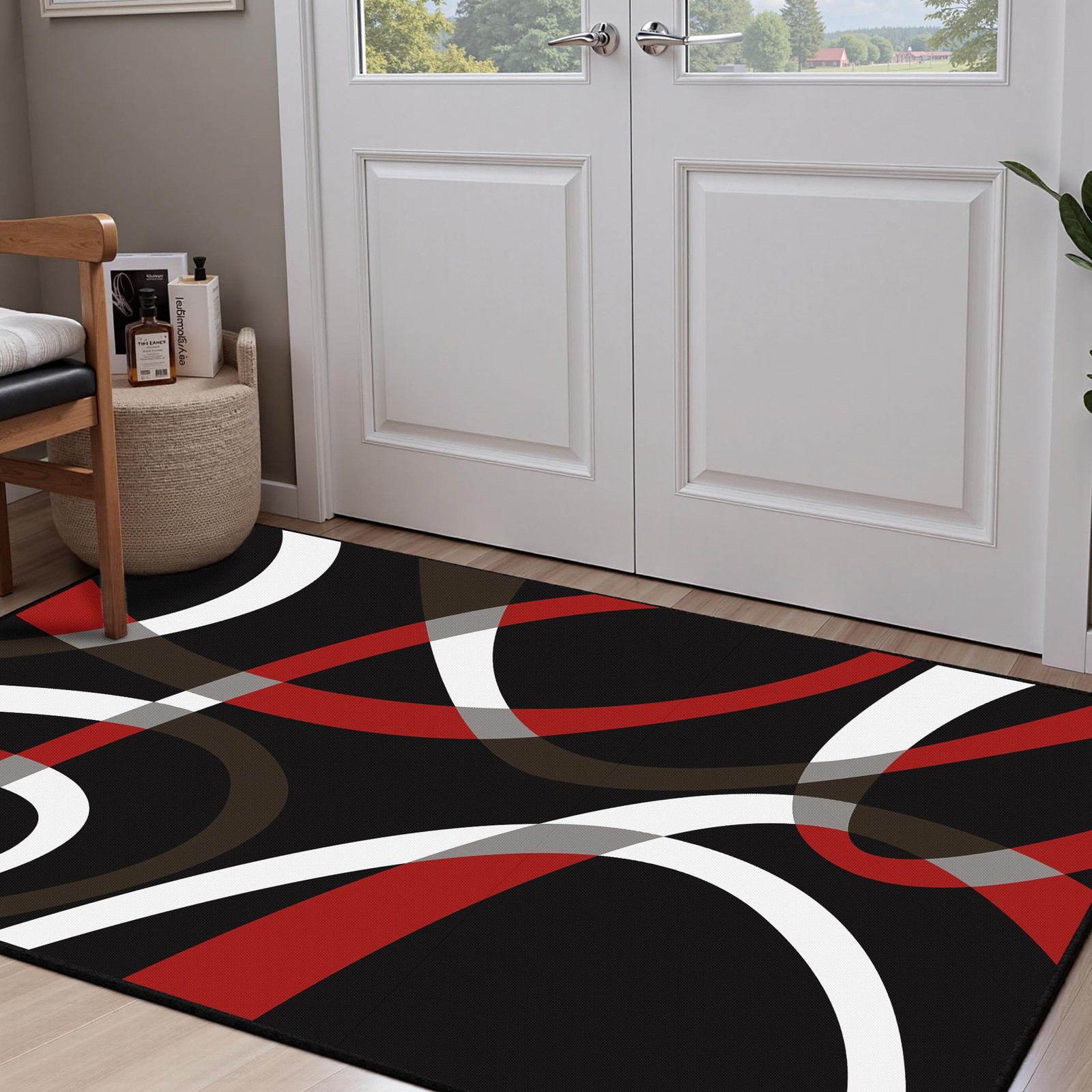 Weesire Classical Modern Black And Red Stripe Pattern Area Rug For Living Room gallery