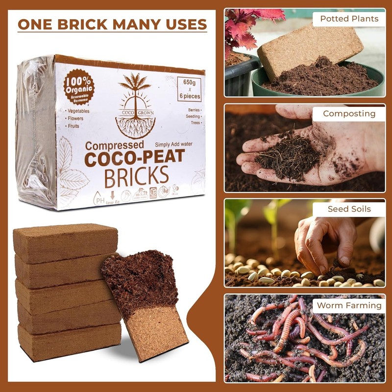 Compressed Coco Coir Bricks – 100% Organic, 650g x 6 Bricks – Expands to 8L Each gallery