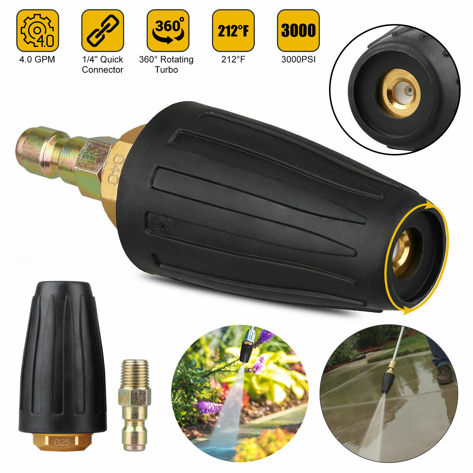 1/4" High Pressure Washer Fast Rotating Turbo Nozzle Spray Tip 4.0 GPM 3000PSI gallery