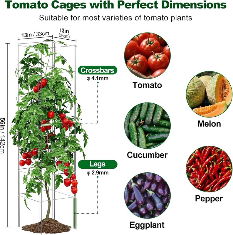 Square Foldable Tomato Cages 3 Pack, 13" W X 56" H Heavy Duty Galvanized Steel P gallery