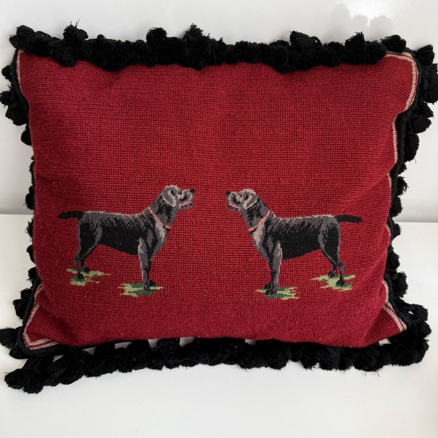 Needlepoint Tassel Labrador Throw Pillow 18"x14" Wood Red Black Dog Vintage Zip gallery