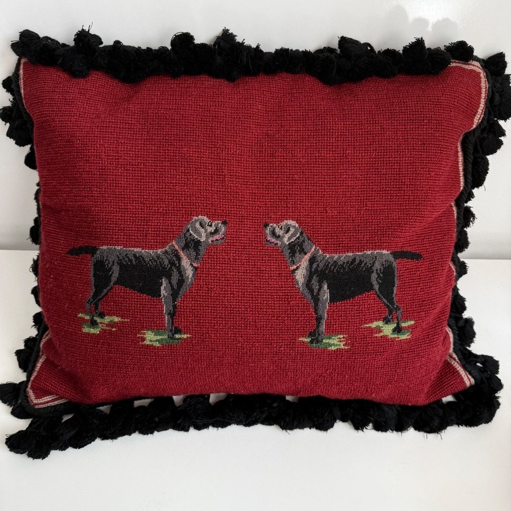 Needlepoint Tassel Labrador Throw Pillow 18"x14" Wood Red Black Dog Vintage Zip