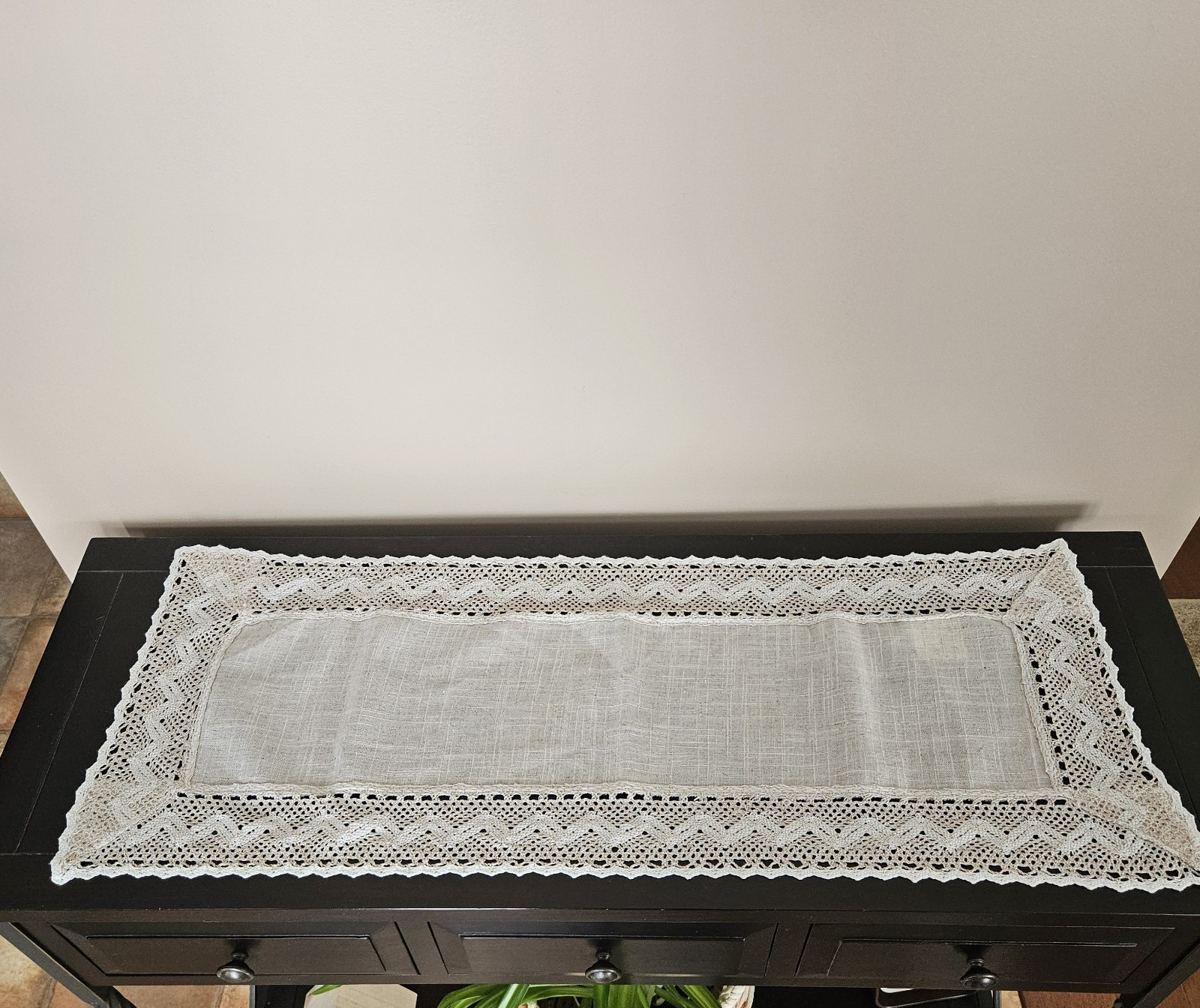 Small Table Topper Scarf Runner Beige with Ivory Crochet Accent 35" x 13" gallery