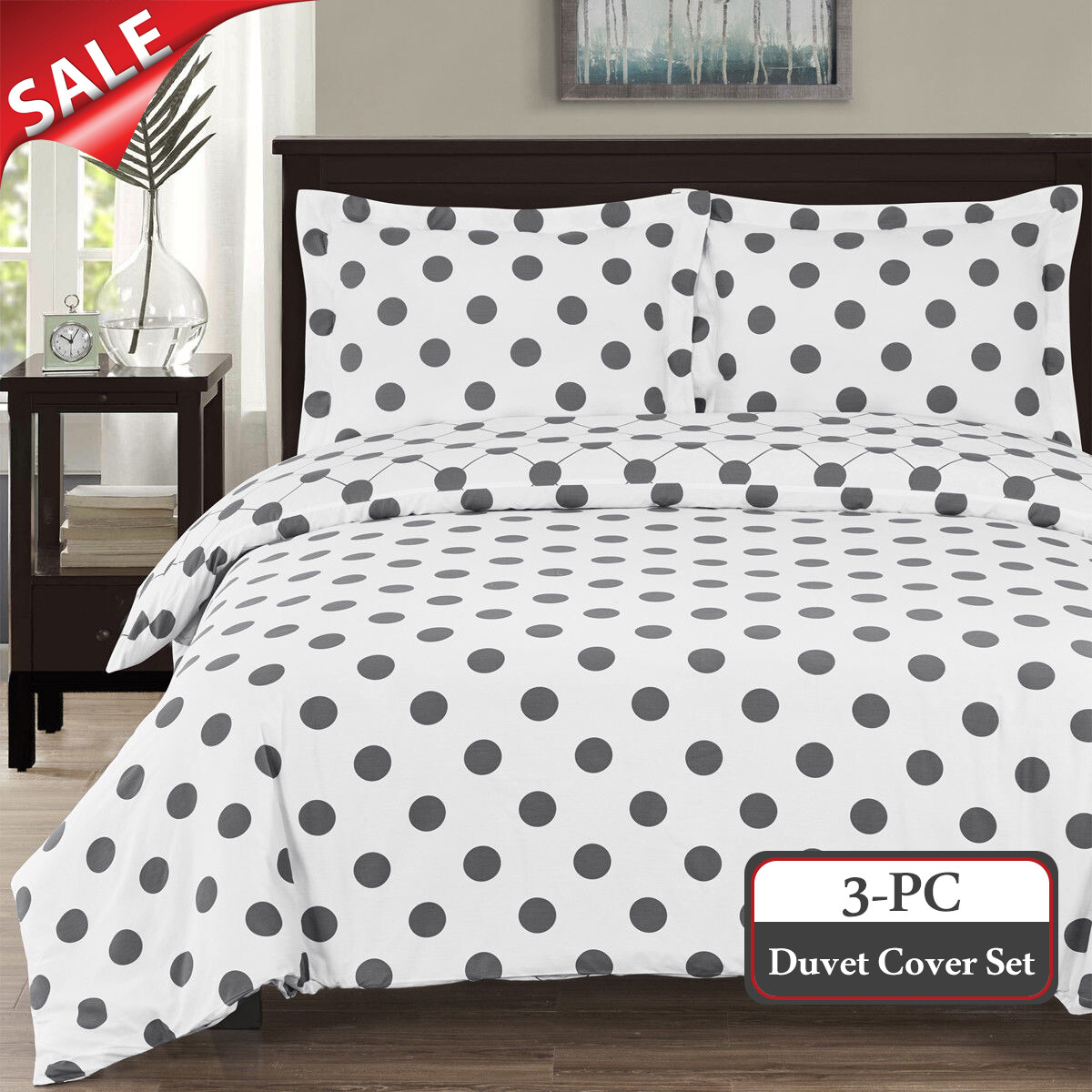 100% Cotton Percale White/Grey 3PC Polka Dots Duvet Cover With Matching Shams gallery