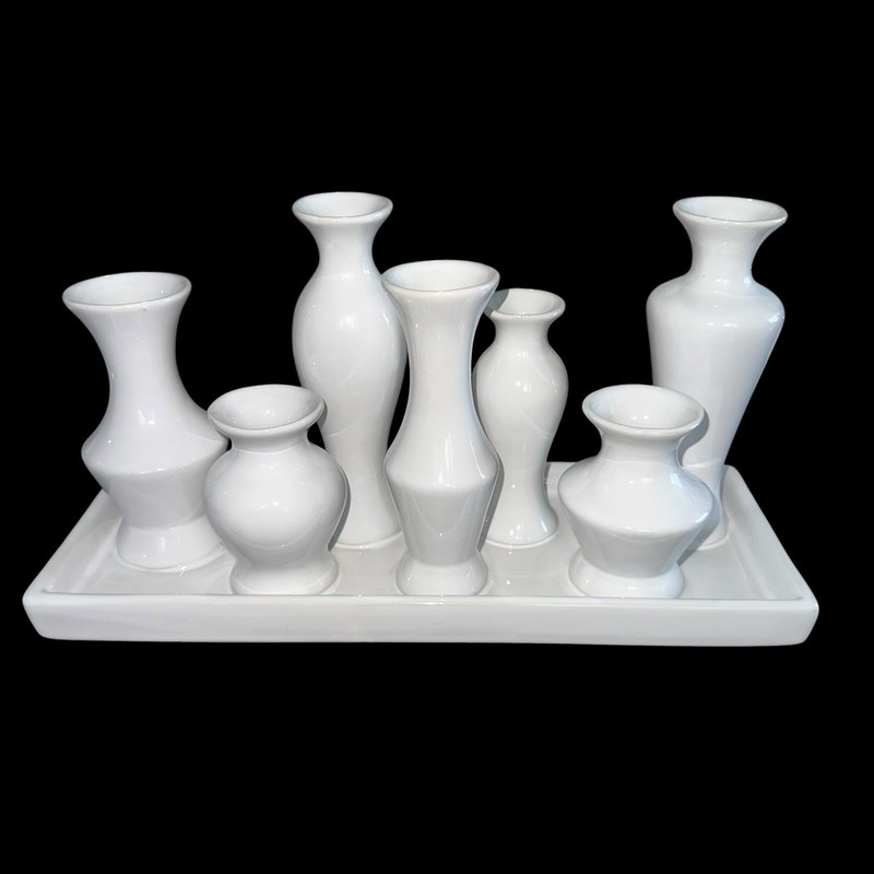 7 Bud Vases Attached Together On The Base, Ceramic Unique Art Deco White gallery
