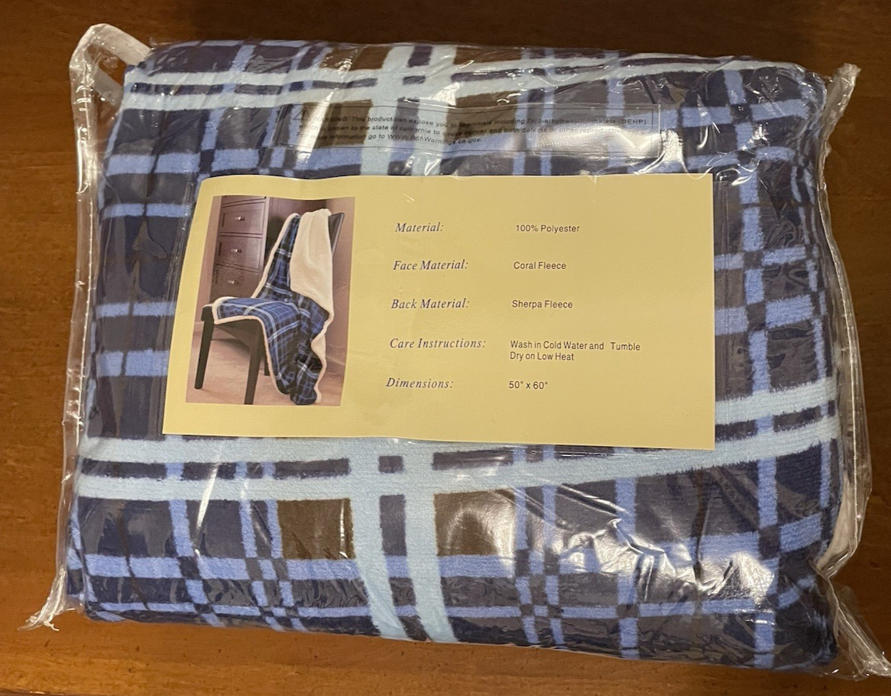 Lavish Home Fleece Sherpa Blanket Throw - Blue Plaid 50" x 60" Inches gallery