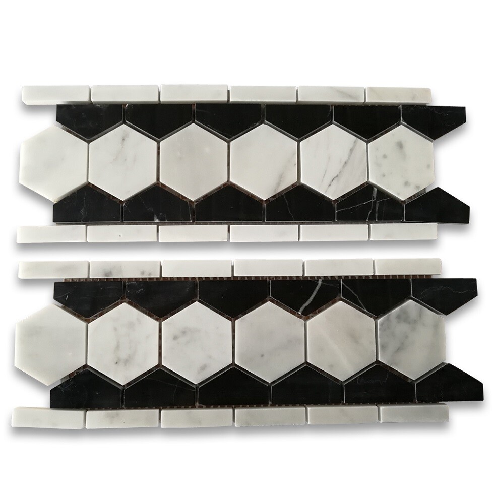 C32B2XP Carrara Marble 2" Hexagon Mosaic Border Listello White Black Polished gallery