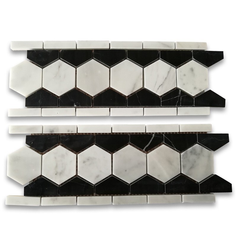 C32B2XP Carrara Marble 2" Hexagon Mosaic Border Listello White Black Polished gallery