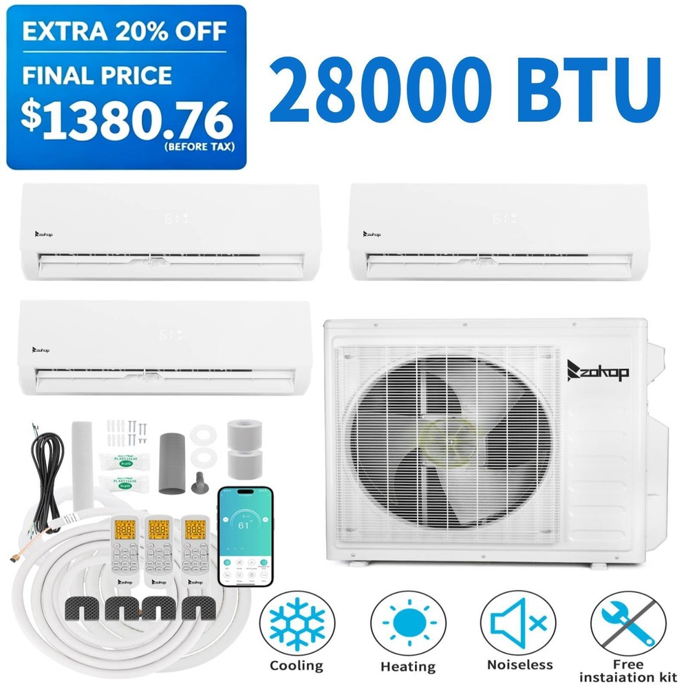 28000 BTU Tri 3 Zone Ductless Mini Split Heat Pump Air Conditioner 9K+9K+18K BTU
