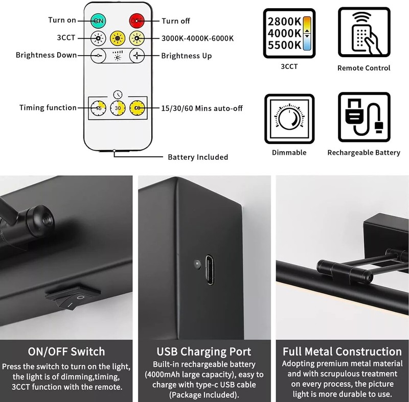 Dimmable Black Picture Light Battery Operated 16'' Inch, Rechargeable Gallery Li gallery