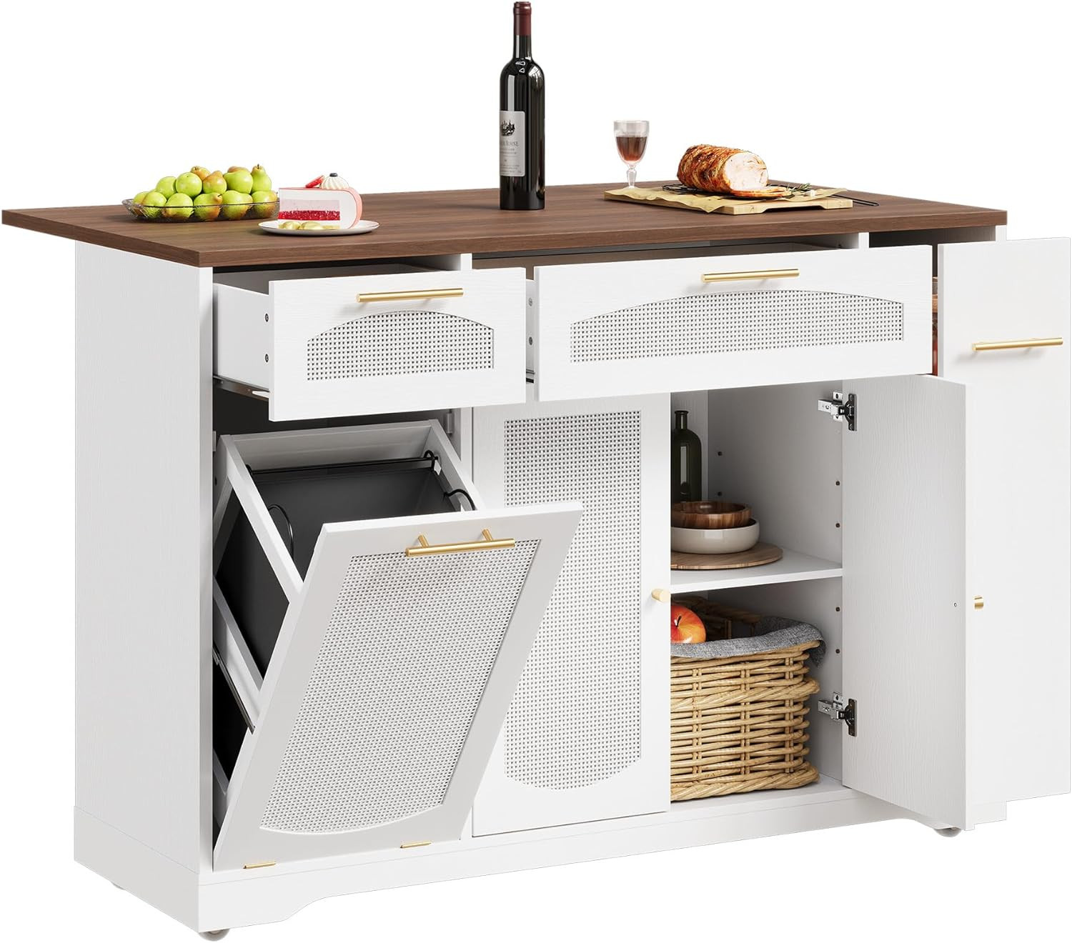 Versatile 53" Rattan Kitchen Island Cart with Storage & Drop Leaf, White gallery