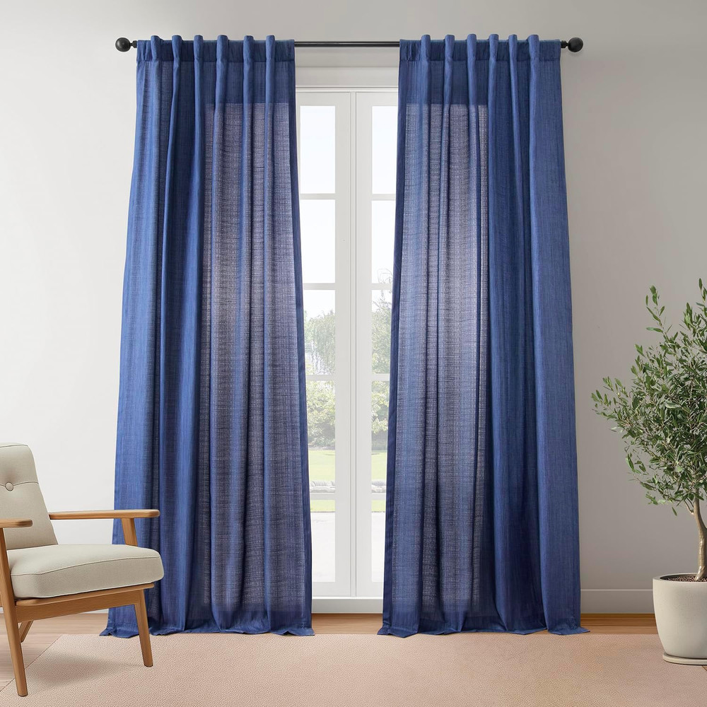 Ink Blue Rustic Linen Light Filtering Curtains 96" Long - 2 Panels