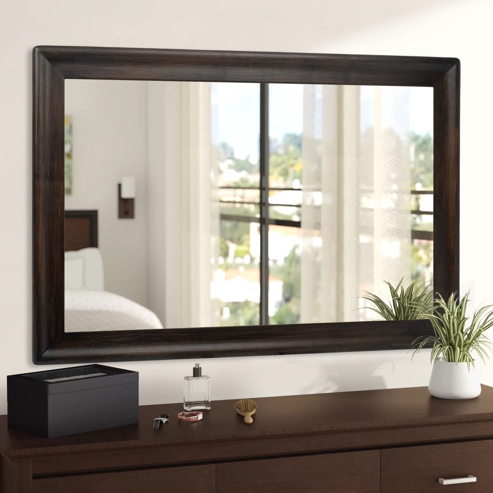 Mirror 24 x 36 inch Rustic Wood Frame Dark Walnut Bathroom CULER Wall Rectangle gallery