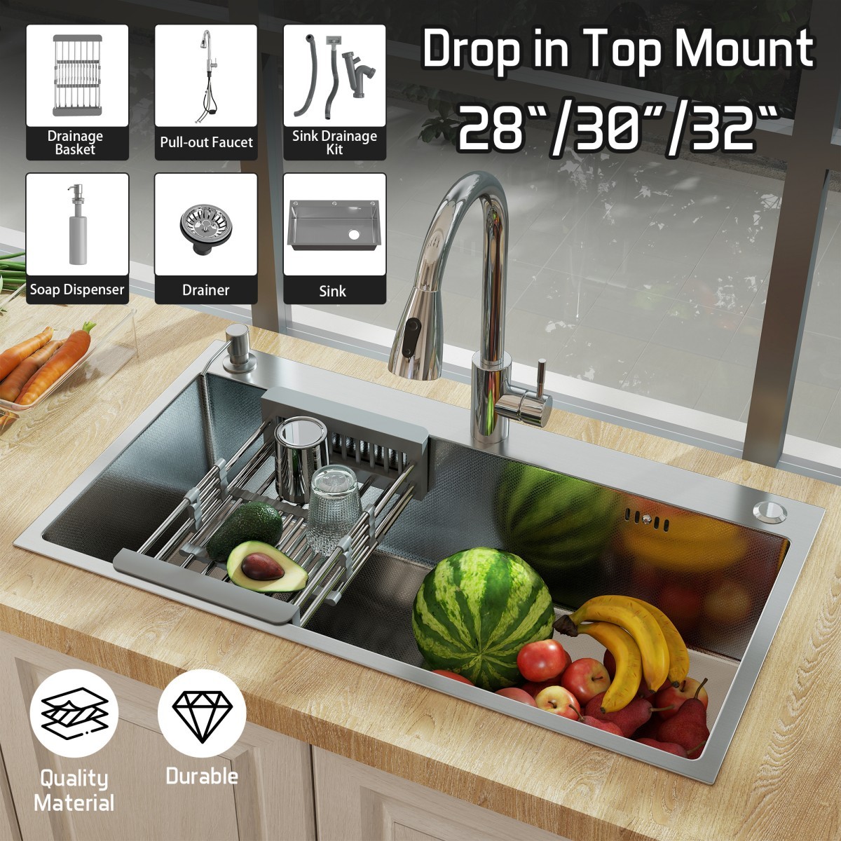 28"/30"/32" Drop In Single Bowl Kitchen Sink Stainless Steel Single Bowl Faucet gallery