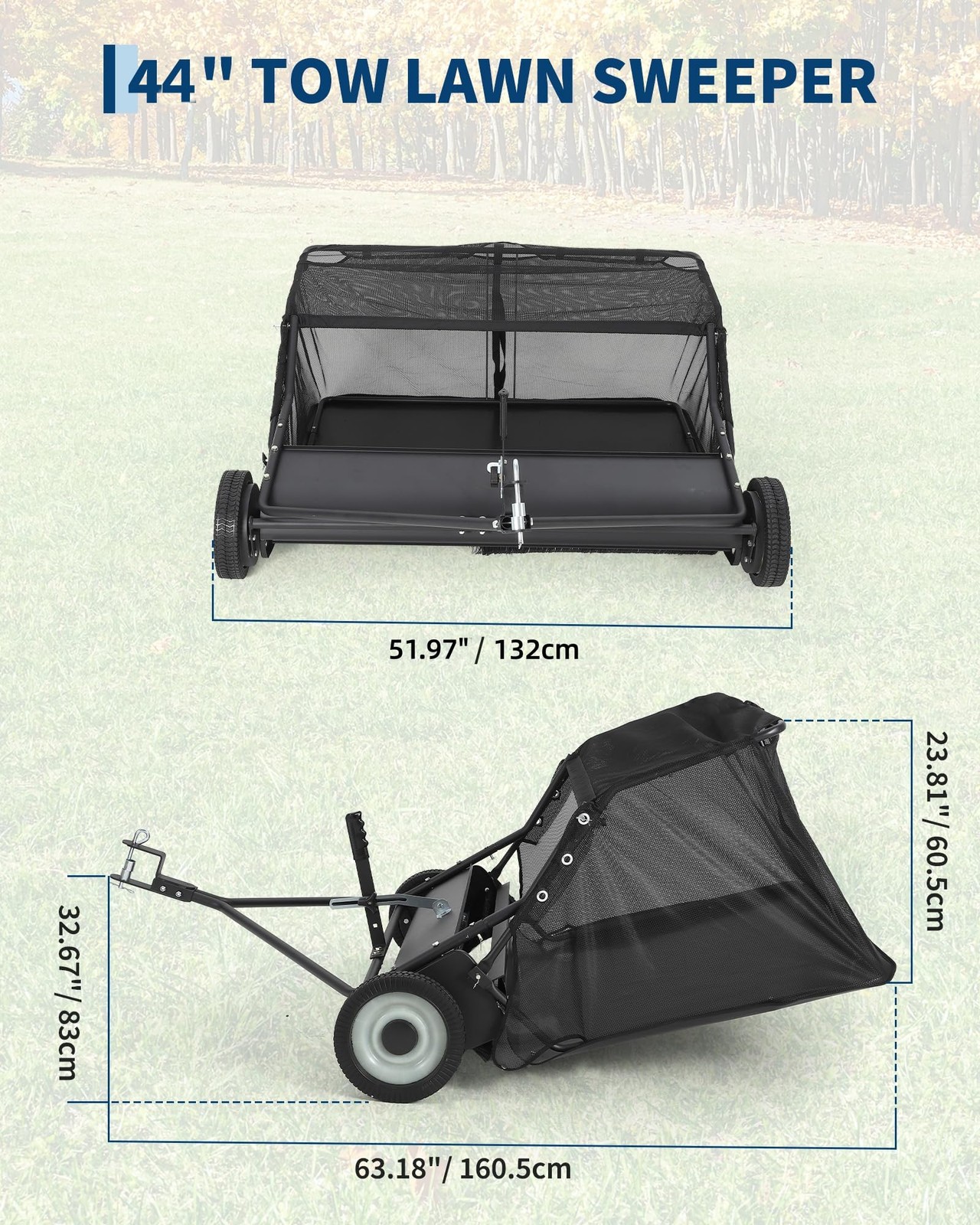 44" Tow Behind Lawn Sweeper Leaf Collector Sweeper for Lawn 24 Cu FT Capacity gallery