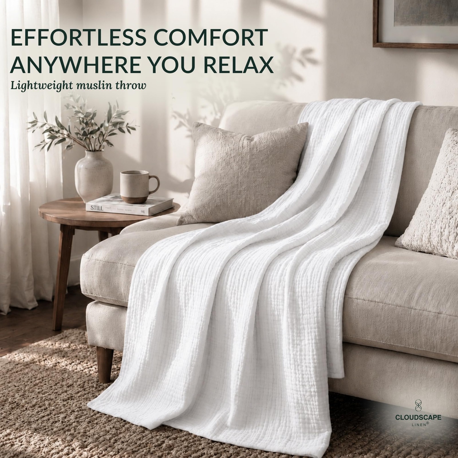 Cotton Muslin Throw Blanket 50 x70 Lightweight Breathable White Adult CLOUDSCAPE gallery